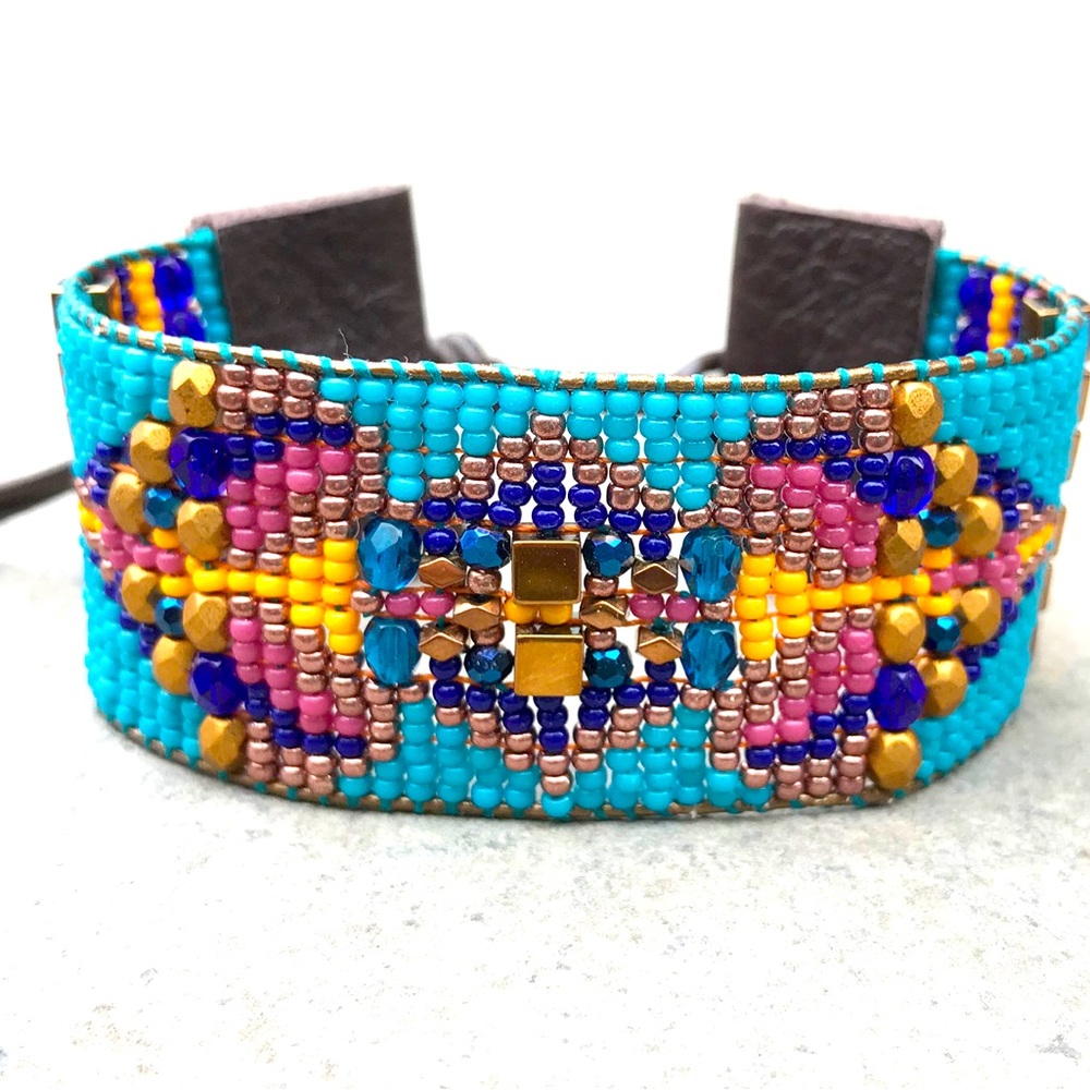 Boho woven leather loom bead bracelet
